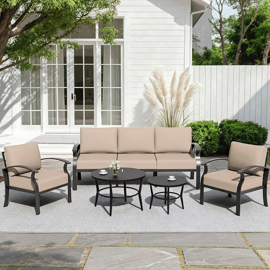 ALAULM Aluminum Patio Furniture Set with Round Coffee Tables, 5-seat Outdoor Sectional Furniture w/5.1" Cushions, Patio Conversation Set for Porch, Backyard, Poolside-Sand