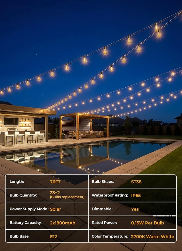 Brightown 76FT Solar String Lights Outdoor Waterproof, 26Hrs Runtime | 23+1 LED Bulbs, USB & Solar Powered, Remote Control & Dimmable Timer, Ideal for Backyard, Garden, Camping & Party Decor