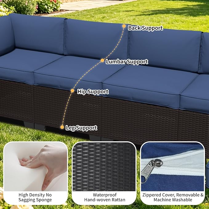 7 Pieces Outdoor Patio Furniture Set, Wicker Modular Sectional Sofa, All Weather Conversation Sets with Glass Table for Yard, Garden, Poolside, Navy Blue Cushions