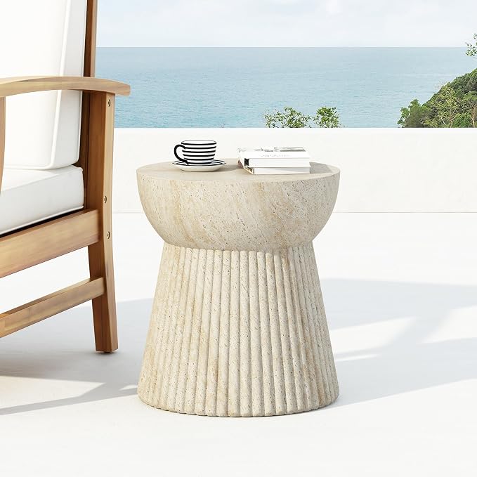 Outdoor Side Table Faux Marble End Table Faux Stone Side Tables Travertine Small Coffee Tables for Indoor Outdoor, Garden Stool for Porch, Backyard Patio, MgO,Weather Resistant,Round, Beige