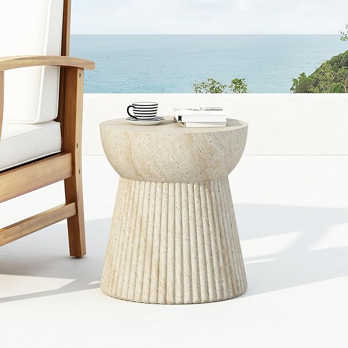 Outdoor Side Table Faux Marble End Table Faux Stone Side Tables Travertine Small Coffee Tables for Indoor Outdoor, Garden Stool Plant Stand for Porch, Backyard Patio, 15"*15"*16.75"-Beige