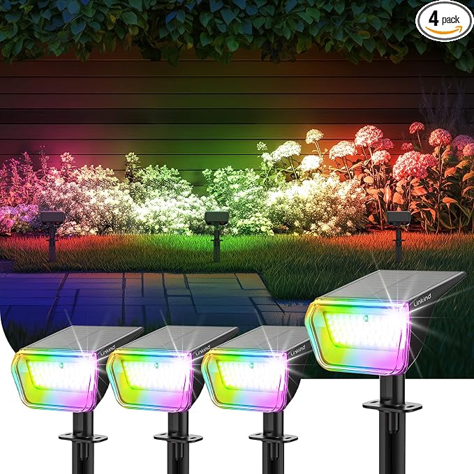 Linkind Solar Spot Lights Outdoor Waterproof Floodlight Multicolor 4 Pack | Wide Beam, 9 Lighting Modes, 800LM High Brightness, RGB Color Changing, for Holiday Decor Landscape Garden Patio Flag Yard