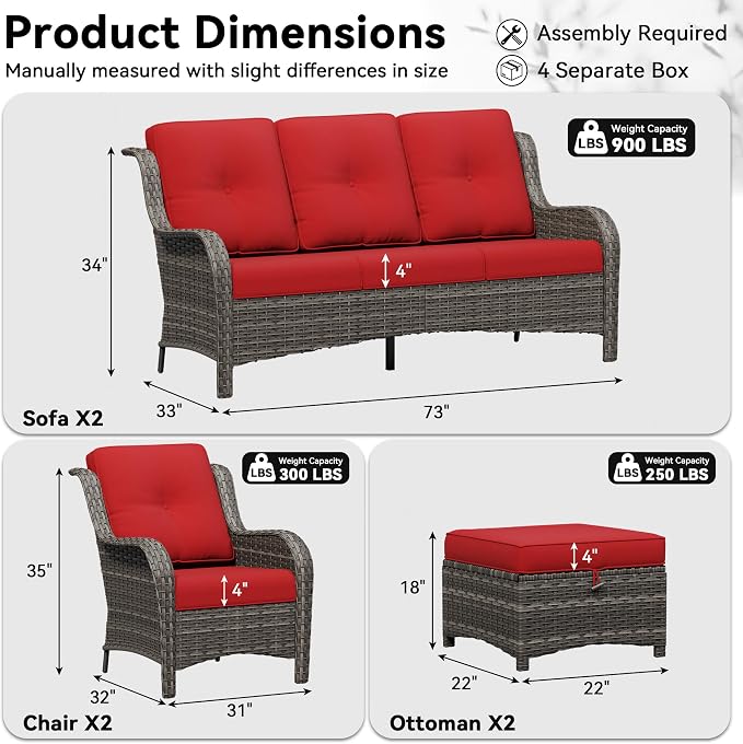 6 Piece Outdoor Wicker Patio Furniture Set, Patio Chairs Set with Thickened Olefin Cushions, High Back and Deep Seating, Hand-Woven PE Rattan, Ottoman for Porch, Deck