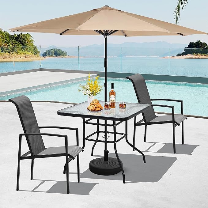 32'' Patio Bistro Table Square Outdoor Coffee Table, Square Tempered Glass Top with Umbrella Hole, Outdoor Dining Table for Balcony Backyard Lawn and Garden, Black