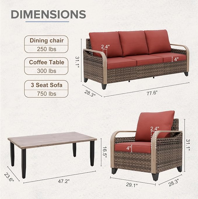 COOS BAY Modern Wicker Outdoor Furniture Set, 4 Piece Patio Conversation Set with 2 Patio Chairs, a 3 Seat Couch and Side Table, 4 Piece, Brown/Red