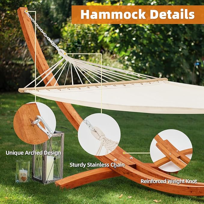 ECOTOUGE 14FT Wooden Double Hammock with Stand 2 Person Heavy Duty, Easy Assemble, Weatherproof Premium Quilted Camping Hammock for Outdoor, Patio(White)