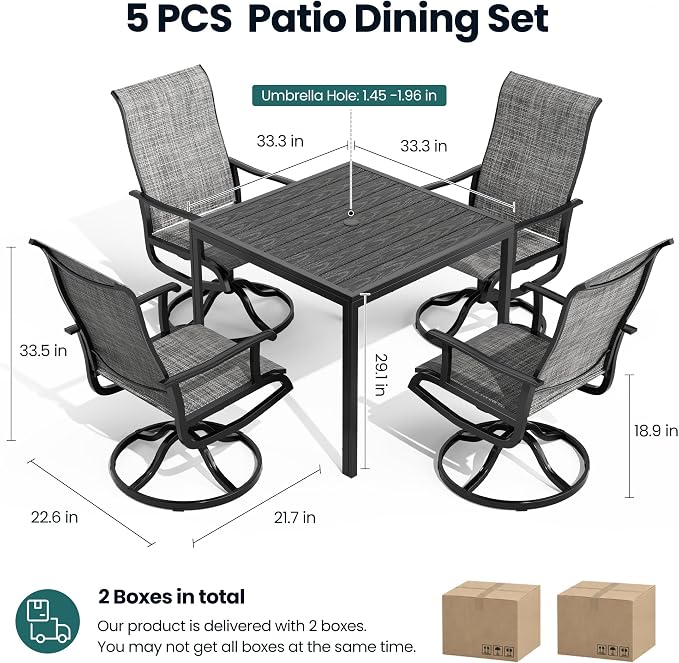 Pamapic 5-Piece Outdoor Dining Set, All Weather Patio Table and Chairs Set with Umbrella Hole, Wood-Like Metal Table and 4 360° Swivel Textilene Chairs for Backyard, Poolside, Deck, Porch, Grey