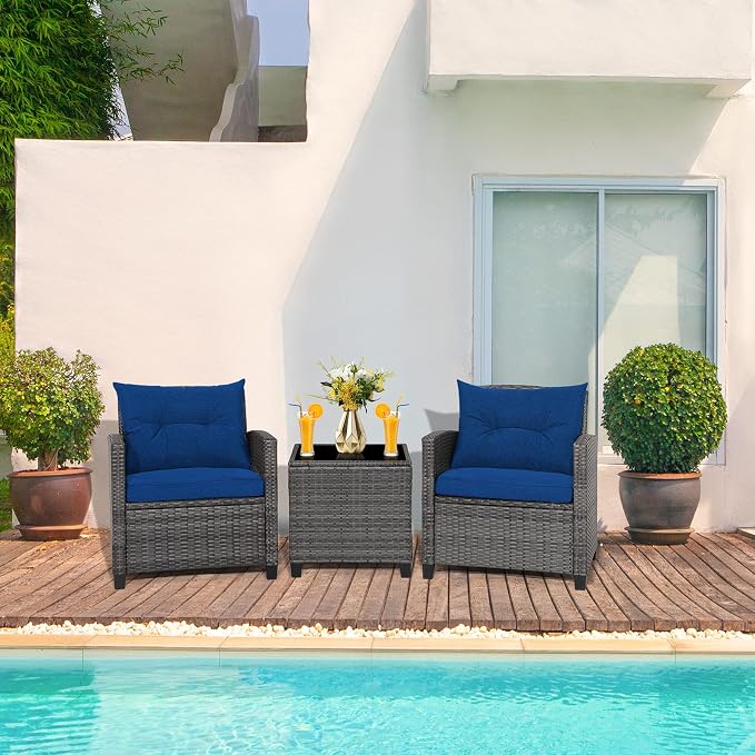 RELAX4LIFE Wicker Patio Furniture Sets - 3 Pieces Patio Rattan Sofa Set, Outdoor Conversation Set with Tempered Glass Tabletop, Heavy-Duty Steel Frame, Wicker Chair Set for Poolside, Backyard, Navy