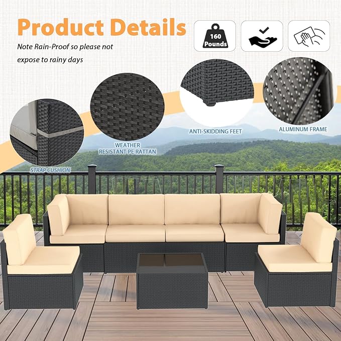 AECOJOY 7 Piece Outdoor Patio Furniture Set, Outdoor Sectional Conversation Furniture Chair with Coffee Table,Patio Sectional for Garden,Backyard(Khaki Cushions and Black PE Rattan, with Cover)