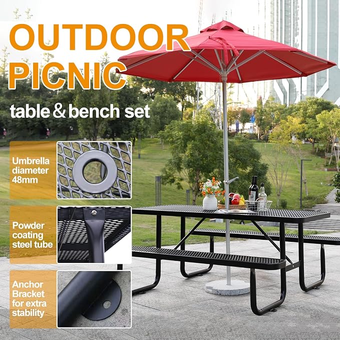 6ft Rectangular Picnic Table – Heavy-Duty Metal Mesh Outdoor Dining Table, Thermoplastic Coated Steel, Outdoor Living, Parks & Schools (Black, 6ft)