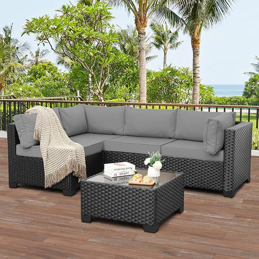 WAROOM Outdoor 5 Piece Patio Furniture Set, Black Rattan Conversation Couch Resin Wicker Sectional Sofa Outside Chair with Coffee Table, Grey Cushion