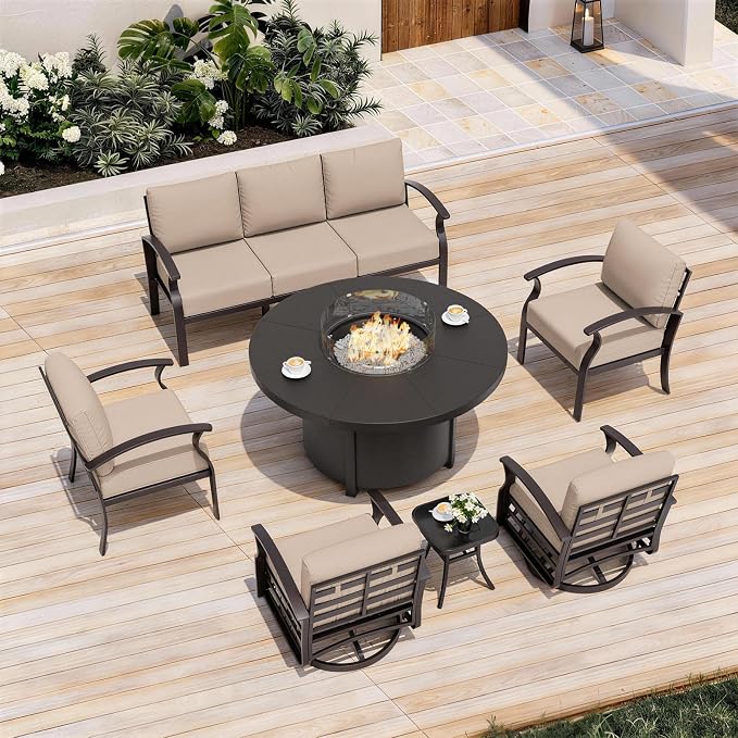ALAULM Aluminum Patio Furniture Set with Coffee Table Rectangular, 5-seat Outdoor Sectional Furniture w/2 Swivel Chairs, Patio Conversation Set for Porch, Backyard, Poolside-Grey