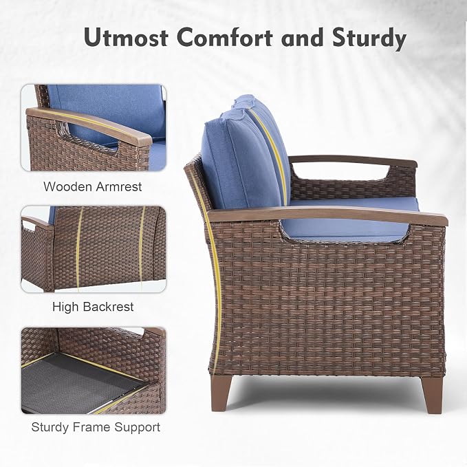 Rilyson Luxury Wicker Outdoor Couch Patio Sofa, 3 Seater Rattan Patio Couch Water Resistant,Comfortable Cushions and Sturdy Metal Frame for Outside Porch Deck Backyard, Brown/Blue