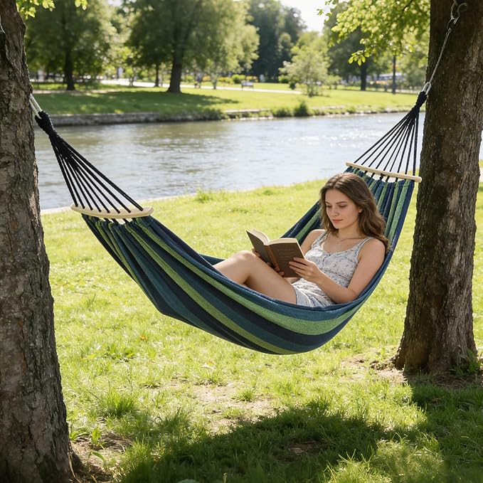 Canvas & Wood Hammock, Blue-Green Striped, 129.9x59.1 Inches, Extra Large Double Hammock, 500 LBS Weight Capacity, Portable with Storage Bag & 2x9.8ft Tree Ropes, Includes Installation Manual, for Out