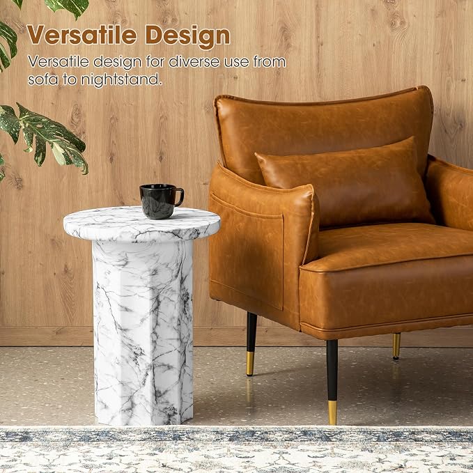 Glitzhome Indoor Outdoor Side Table 21" H, Modern MGO Faux Marble Side Table Round End Table, Decorative Accent Stool for Garden Outdoor Patio Living Room Bedroom Home Decor