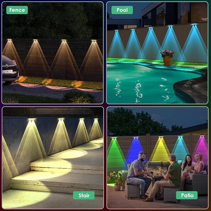 Solar Fence Lights Outdoor - Warm White & RGB 6 Color, Dusk to Dawn Deck Light, IP55 Waterproof Garden Lights for Outside/Backyard/Railing/Step/Patio/Wall (2PK)
