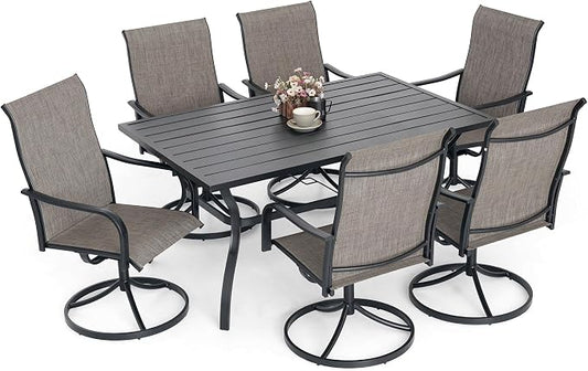 Anmutig 7-Piece Outdoor Dining Set, 6 Swivel Patio Chairs & 60'' Rectangular Dining Table with All Weather Frame Furniture Set - Tan Grey Style2