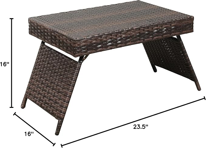 AC Pacific Portable Folding Wicker Table for Eating, Outdoor Deck Furniture with Weather-Resistant Rattan, Rectangle Foldable Patio Coffee Stand, Easy to Clean, 23 Inch Wide, Brown