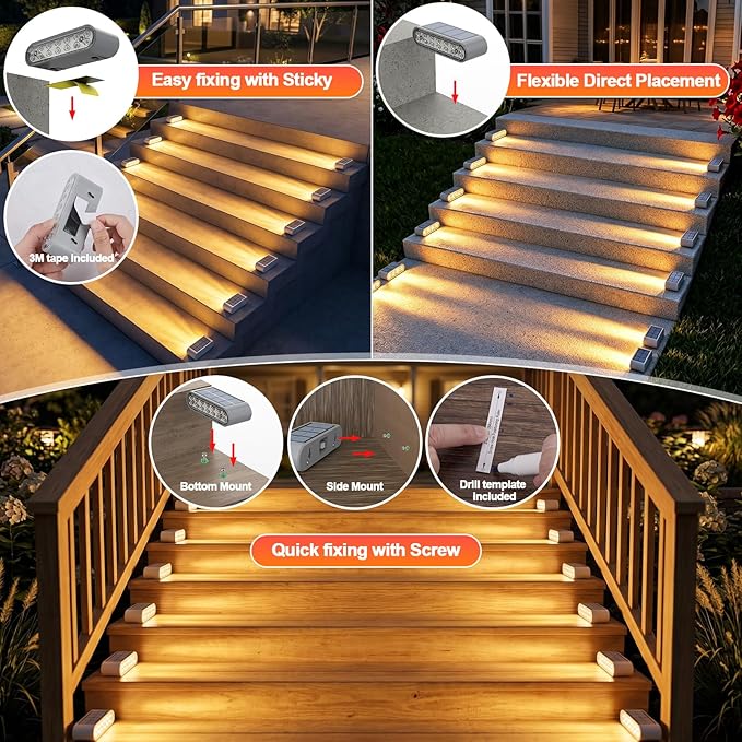 Solar Step Lights Outdoor Waterproof, 8 Pack Solar Stair Lights Outdoor IP67, 14 LED Warm 3000K Outdoor Step Lights, Solar Powered Lighting for Steps, Stairs, Deck, Dock, Patio, Walkway, Porch Step