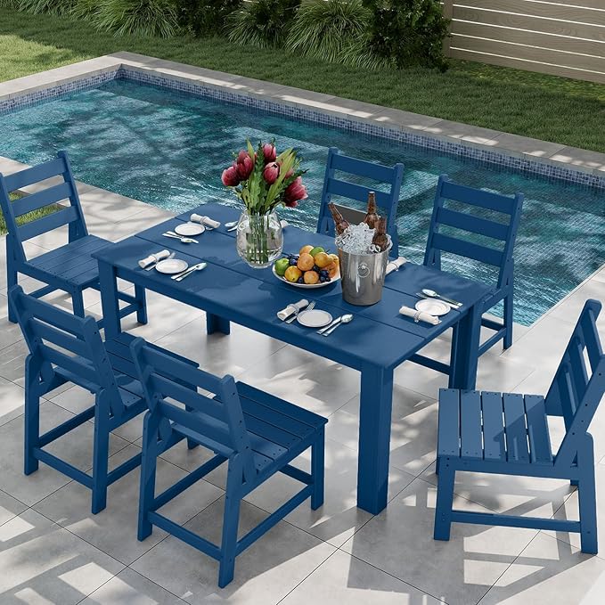 GREENVINES 7 Piece HDPE Outdoor Patio Dining Set, Table and 6 Chairs, Blue