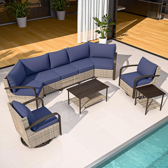 COOS BAY Aurora Terrace 7 Piece Outdoor Sectional Furniture Set, Half Moon Rattan Wicker Conversation Set with Swivel Chairs, 5 Seat Sofa, Coffee & Side Table for Patio Garden Yard, Beige/Blue