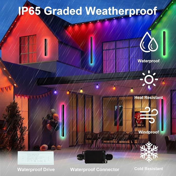 Modern Outdoor RGB Wall Lights, 2 Pack 59 Inch RGB Warm White Dimmable Exterior Wall Sconce, Ip65 Waterproof Black Linear Long Wall Light with Remote and APP Control for House, Garage, Front Door