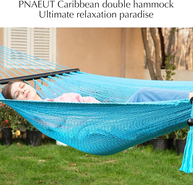 PNAEUT Double Rope Hammocks for Outside, Handwoven Double Caribbean Hammock with Spreader Bar for Outdoor Indoor, Max 600 lbs Capacity (Sky)