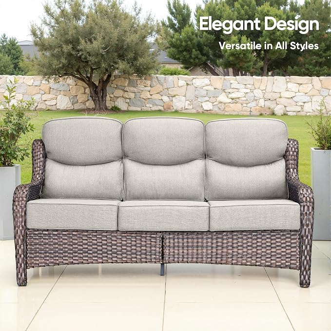 Swivel Patio Chairs sofa Set of 7 with 6" Thick Cushion - Wicker Outdoor Swivel Rocker Patio Chair ,Sofa/Glass coffee table, High Back Comfortable Outdoor Glider Chairs - Brown Wicker Beige Cushions