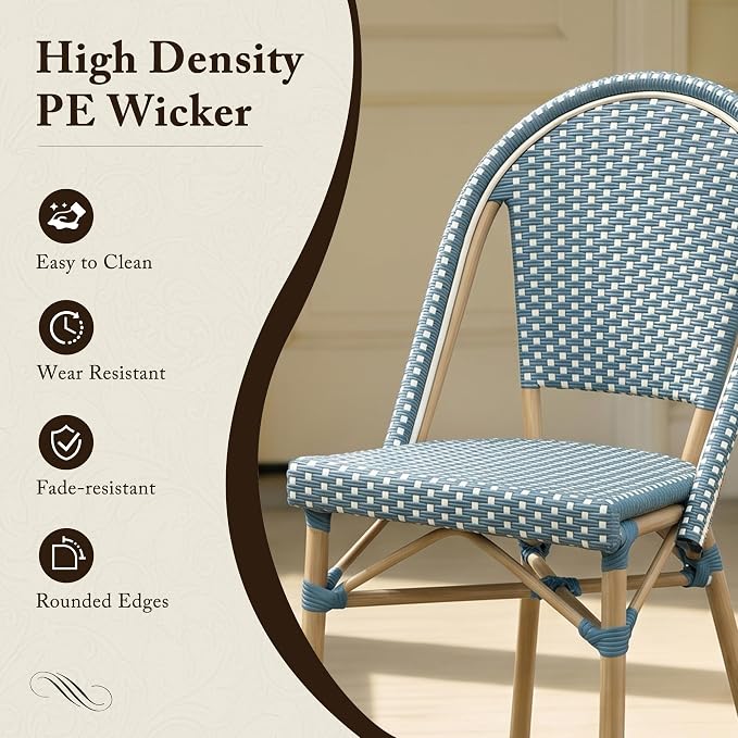 PURPLE LEAF 7-Piece French Bistro Dining Set Rectangle Outdoor Patio Table and 6 Armless Chairs Tempered Glass Top PE Rattan Champagne Print Finish Aluminum Frame Light Blue