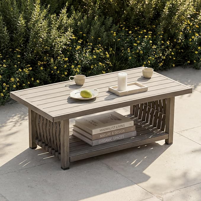 Outdoor Patio Coffee Table, 2-Tier Rectangle Outdoor Patio Table with Rope Weave, Modern Accent Table with Heavy-Duty Aluminum Frame, Patio Furniture Set for Garden Porch Yard Deck, Gray Oak