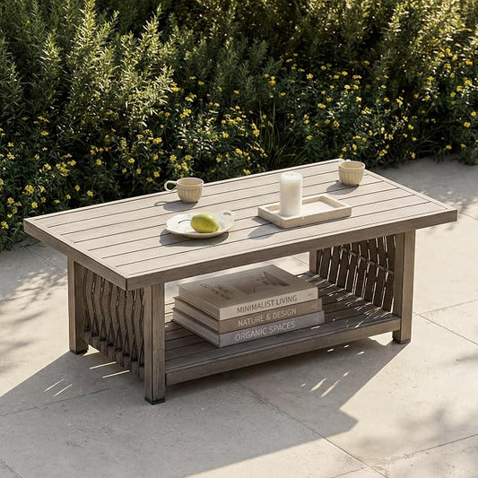 Outdoor Patio Coffee Table, 2-Tier Rectangle Outdoor Patio Table with Rope Weave, Modern Accent Table with Heavy-Duty Aluminum Frame, Patio Furniture Set for Garden Porch Yard Deck, Gray Oak