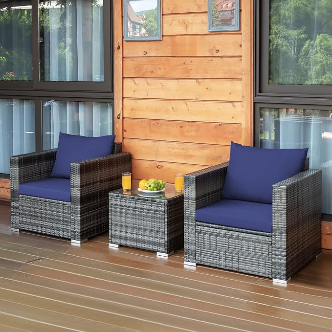 COSTWAY 3-Piece Patio Furniture Set, Outdoor Wicker Rattan Sofa with Cushions and Coffee Table, Conversation Chair Set for Poolside Backyard Balcony Lawn (Navy)
