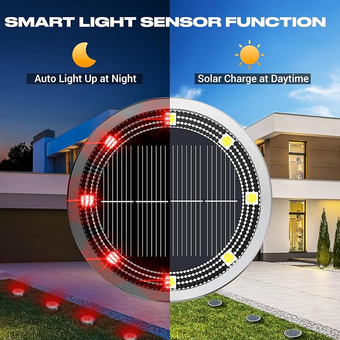 Solar Ground Lights Outdoor, 12 Pack Flat Solar Powered Disc Lights, IP68 Waterproof, Anti-Rust, Landscape Lighting for Pathway Garden Yard Lawn Walkway Landscape Driveway, Red