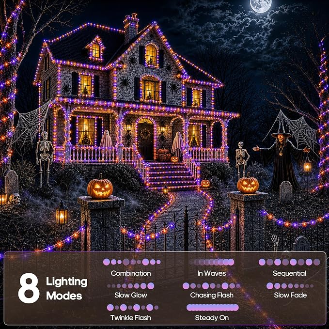 Halloween Decoration Solar Rope Lights 66FT 200LED 1800mAh -Purple & Orange | Type C & Solar, With Remote, Waterproof, Timing, 8 Modes, for Halloween Party Autumn Christmas Decoration