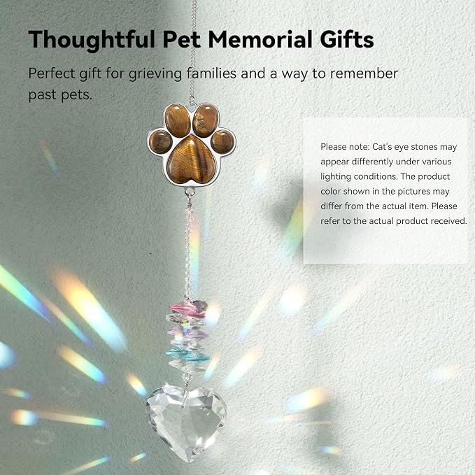 Dog Memorial Gifts, Pet Memorial Suncatcher, Loss of Dog Sympathy Gift | Thoughtful Dogs and Cats Bereavement Remembrance Gifts, Natural Cat's Eye Stone Paw Crystal Suncatcher