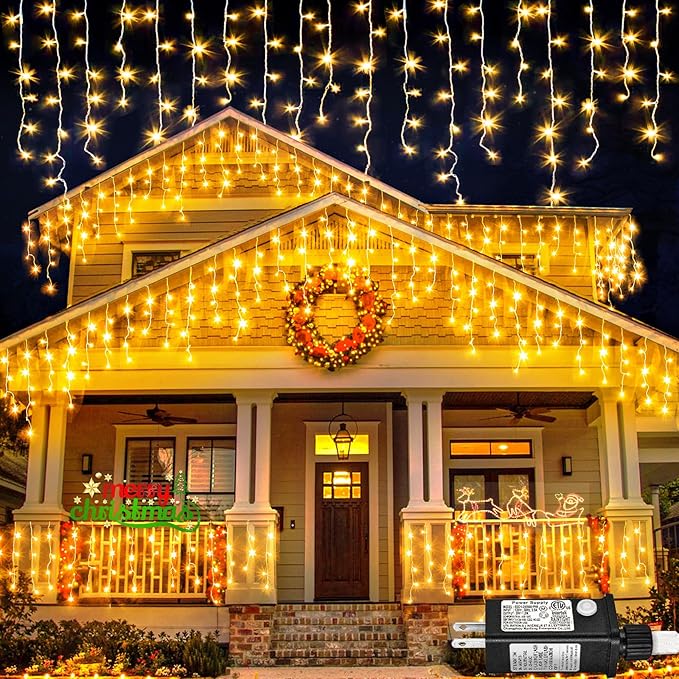 Warm White Christmas Lights Outdoor Icicle Lights for Outside 66ft 640 LEDs | Twinkle String Lights with Connectable Clear Wire 8 Modes Timer Plug in Waterproof for House Eaves Yard Party Holiday Decor