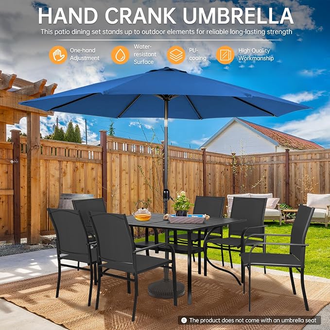 SUNCROWN 8 - Piece Outdoor Dining Set, Patio Furniture Set with 6 Textilene Dinning Chairs, 1 Rectangle Metal Table and 1 Dark Blue 9Ft Patio Umbrella for Lawn Garden Backyard Deck, Black