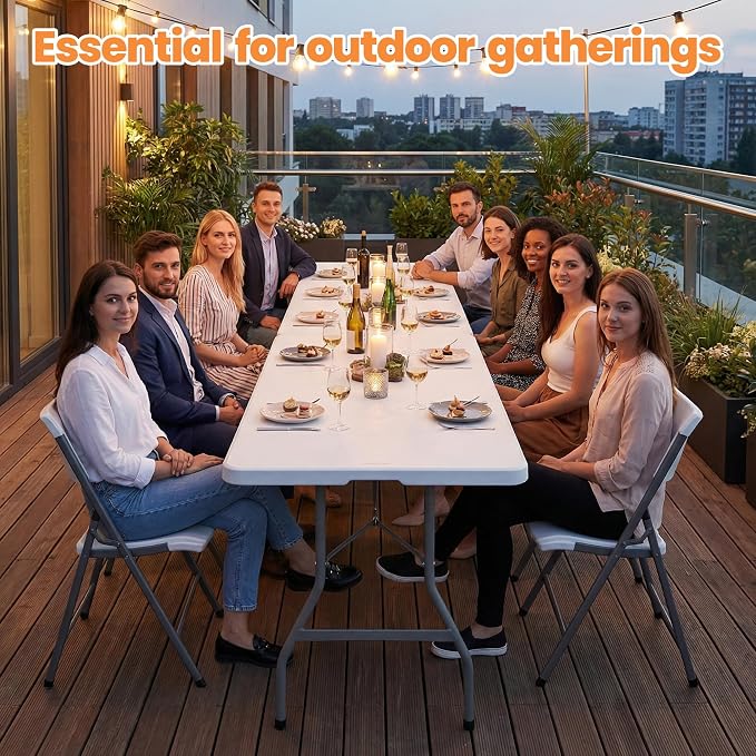 6 FT Folding Table Set with 6 White Plastic Folding Chairs, Heavy Duty Fold-in-Half Utility Table Sets for Picnic, Event, Training, Outdoor Activities, at Home and Commercial Use