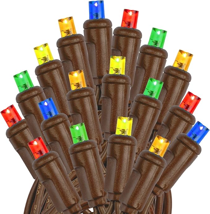Novelty Lights 50ft 100 LED Multicolor Christmas String Lights, Brown Wire