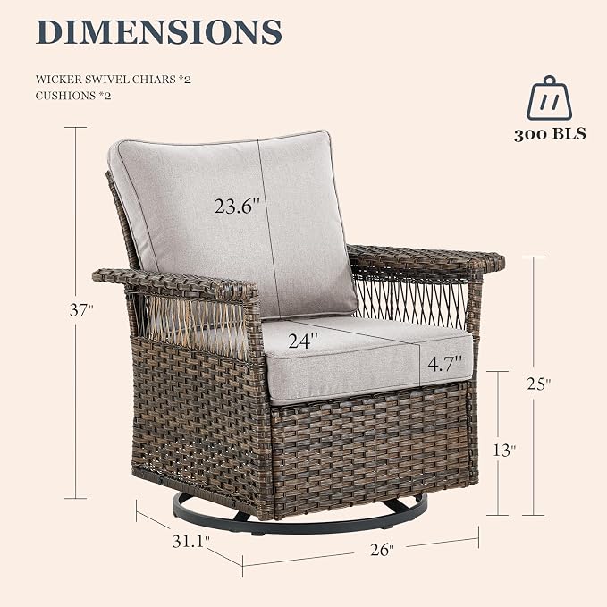 Patio Furniture Set 2 Wicker Swivel Glider Chairs 2 PE Rattan Ottomans with Patio Side Table Brown Wicker Beige Cushions Patio Conversation Set 5pcs for Garden Backyard