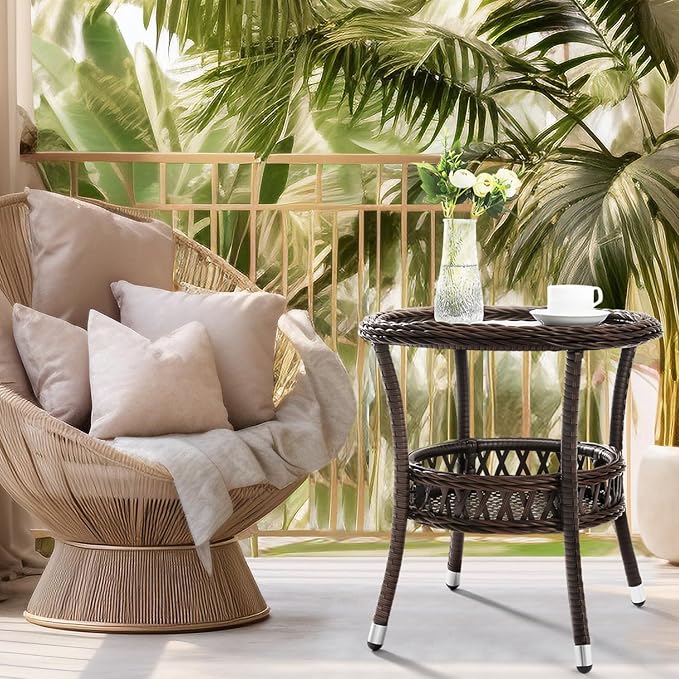 Outdoor Side Table Wicker Outdoor End Table for Patio Rattan Side Table for Outside Brown Patio Coffee Table with Storage & Glass Table Top Round for Backyard Porch