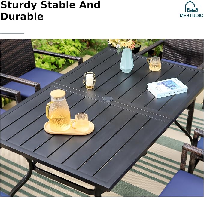 MFSTUDIO Outdoor Patio Dining Set for 6, Outdoor Table and Chairs for 6, Rectangular Metal Table with 2 Swivel Chairs & 4 Leg Chairs, 7 Pieces Patio Dining Furniture Set, 1.6-2'' Umbrella Hole