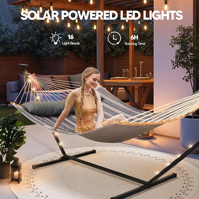 SUNCREAT Double Outdoor Hammock with 12 ft Stand, Stand Alone Hammock with Solar Powered Lights, Gray Stripes