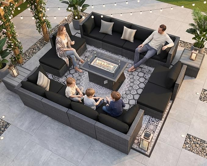 NICESOUL 15 Piece Patio Furniture Set with Fire Pit Table, 29.3'' High Back Large Outdoor Sectional with Firepit, Sturdy Deep Seating Conversation Set, Gray Rattan & Black Cushion