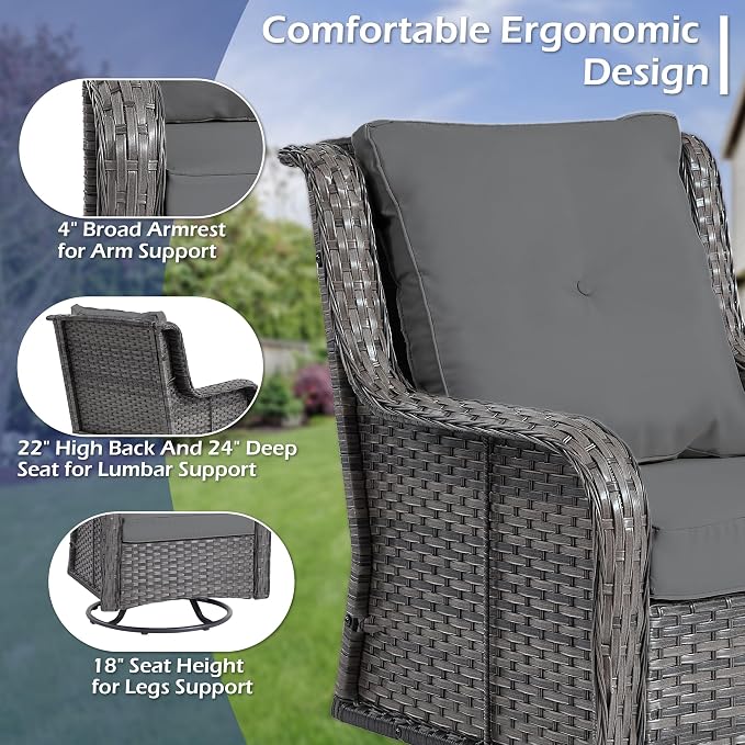 Wumiokio Patio Furniture Sets, 3 Pieces Wicker Outdoor Furniture - 360 Degree Swivel Rocking Chairs and Rattan Side Table for Garden,Porch,Backyard (Grey Wicker/Grey Cushion, 3PCS - Swivel Chairs)