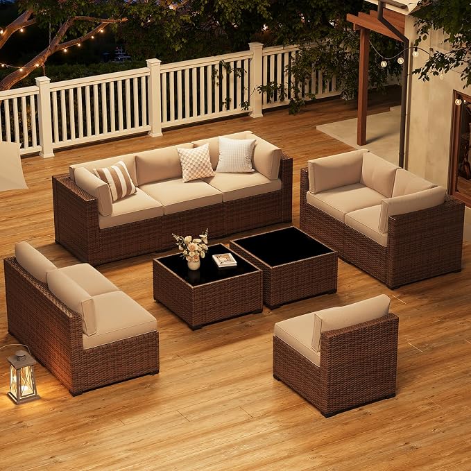 LazySunsets 10-Piece Patio Furniture Set, Wicker Rattan Outdoor Furniture with Thick Cushions, Patio Conversation Sets with Coffee Table, Outdoor Sectional Couch Sofa, Beige