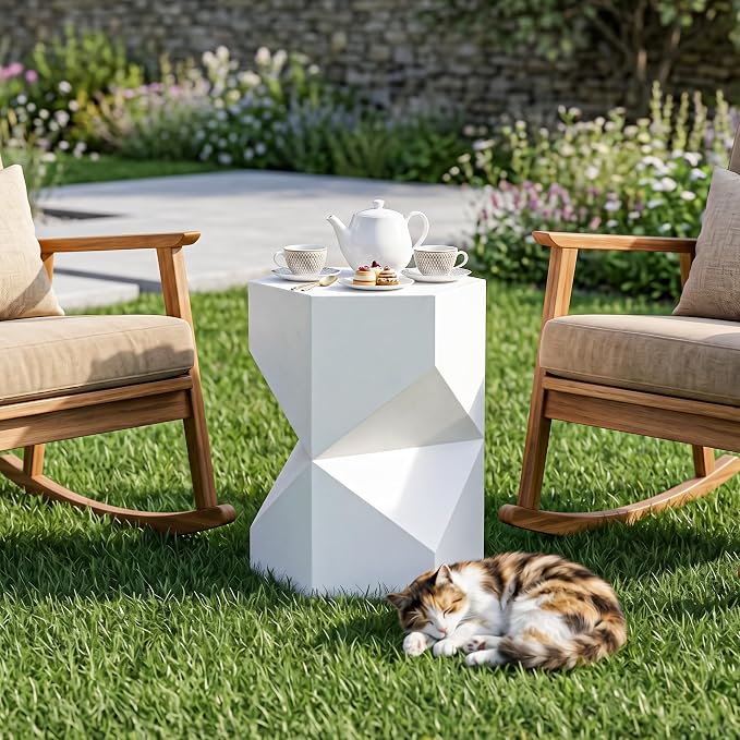 COSIEST MgO Concrete Side Table, 18 Inch Hexagonal Geometric Outdoor End Accent Table, All-Weather Patio Garden Stool, Modern Plant Stand & Coffee Table for Balcony Backyard, White, 1 Pack