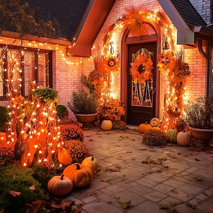 JMEXSUSS Orange String Lights for Halloween, 600 LED Fall Lights Outdoor | Orange Christmas Lights Plug in with Remote, Thanksgiving Day Lights Clear Wire for Indoor Room Yard Tree Fall Decor