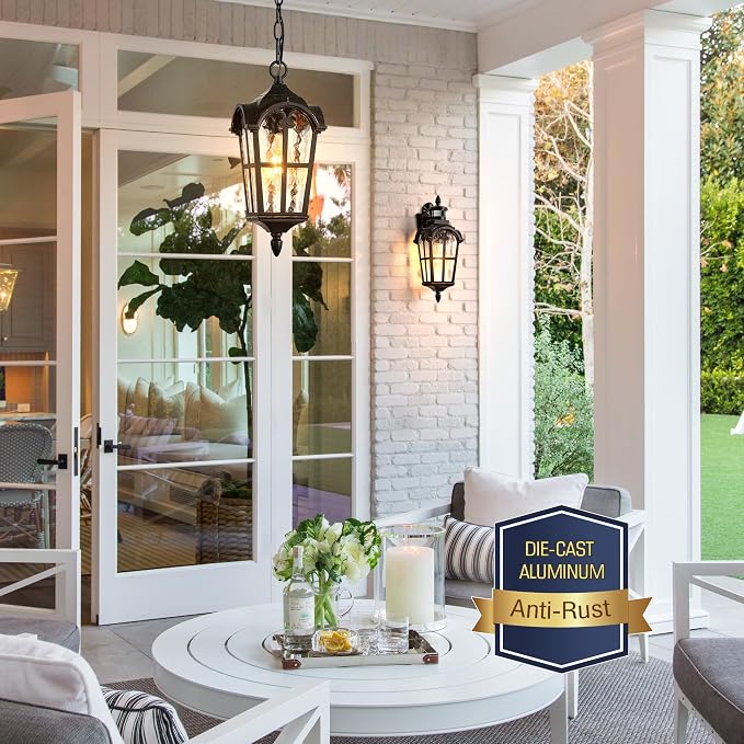 VIANIS Vintage ORB Pendant Light Fixtures with Gold Trim, 1 Pack Porch Lights Outdoor with Adjustable Chain, Outdoor Chandelier for Porch, Aluminum Waterproof Hanging Exterior Lighting for Front Patio