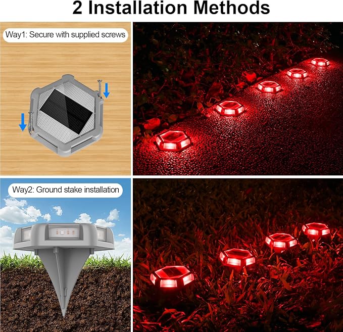 Solar Dock Lights Driveway Deck Lights - 12 Packs Waterproof Outdoor LED Aluminum Dock Lighting Warning Step Light for Driveway Sidewalk Garden Pathway Yard (Red)
